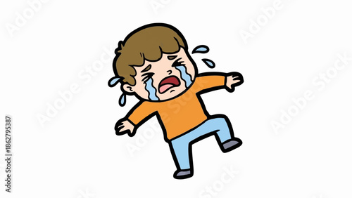 A cartoon drawing of a young person with brown hair, wearing an orange shirt and blue pants, crying intensely