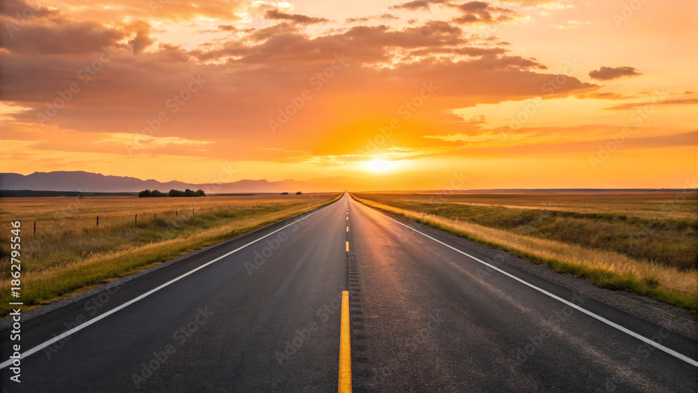 Fototapeta premium Sunset over open road stretching across fields under a colorful sky during evening hours in a rural area
