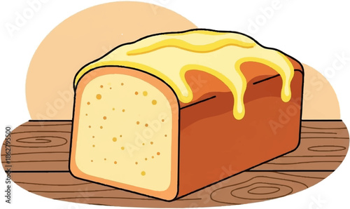 A delicious loaf of bread, topped with melted butter and served on a wooden surface