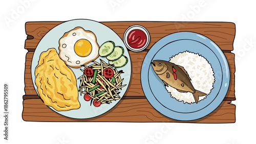 A delicious meal of fried fish, rice, fried egg, salad, and sauce