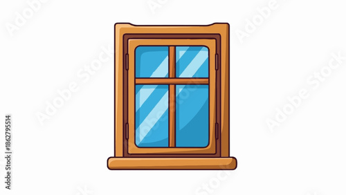 A cartoon-style wooden window with four blue glass panes and a brown frame, on a white background