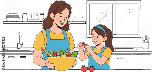 A mother and child prepare a vibrant salad together in a cheerful, stylized kitchen setting