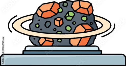 A celestial rock with an orange ring orbits on a display stand