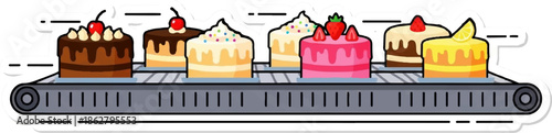 A colorful array of seven cakes with diverse toppings on a conveyor belt, ready for production