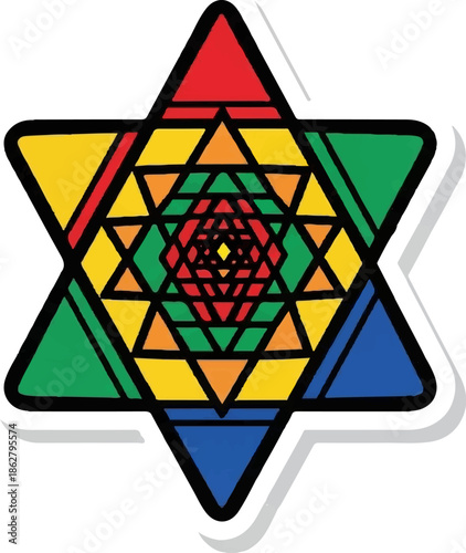 A multicolored six-pointed star geometric pattern with deep layering