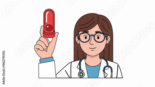A cartoon doctor in glasses and a lab coat holds up a red inhaler