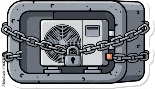 A chained air conditioner unit locked within a stone enclosure