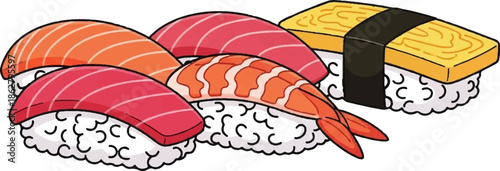 A delightful assortment of colorful sushi pieces, including salmon, tuna, shrimp, and tamago, artfully arranged