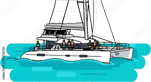 A colorful cartoon catamaran with people on deck sails on turquoise water