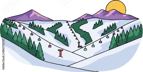 A colorful cartoon depicts a ski resort with snowy slopes, evergreen trees, and ski lifts