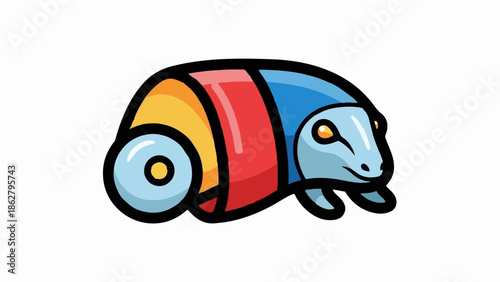 A charming cartoon creature with a segmented, colorful body and a light blue head, possibly an armadillo