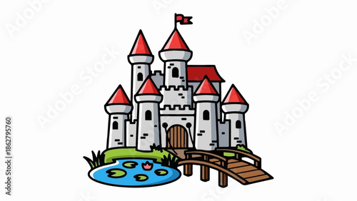 A charming cartoon castle with red roofs, multiple towers, a flag, a moat with lily pads, and a wooden bridge