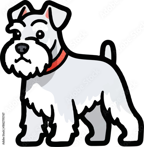 A charming cartoon dog with a distinctive beard and red collar
