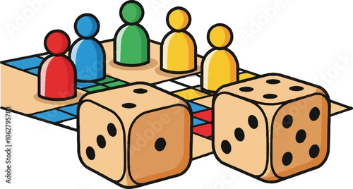 A colorful cartoon illustration of a board game with pawns (red, blue, green, yellow) and two dice