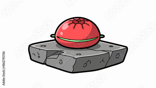 A cartoon red creature with a green smile and small antennae sits on a cracked grey stone block