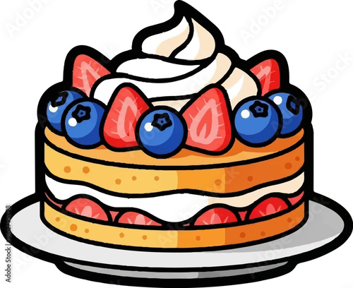 A delightful cartoon-style layered cake adorned with whipped cream, fresh strawberries, and blueberries