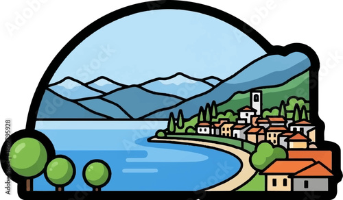A colorful cartoon illustration of a serene lakeside village nestled against a backdrop of mountains