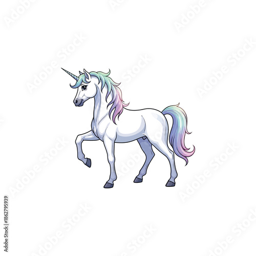 A vibrant illustration of a unicorn with a colorful mane running freely in a fantasy landscape viewed from the side