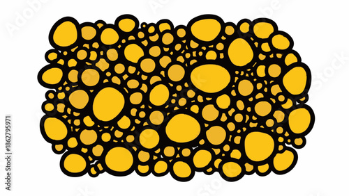 A dense pattern of irregular yellow and orange circles with thick black outlines