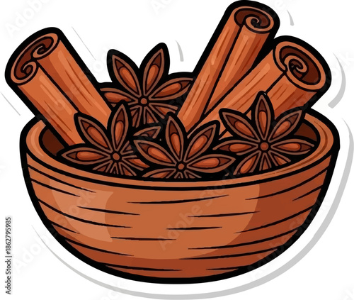 A charming cartoon illustration of a brown bowl filled with cinnamon sticks and star anise spices