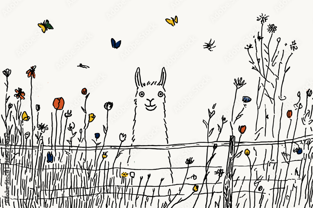Obraz premium Playful Llama Surrounded by Colorful Wildflowers