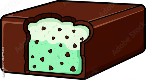 A cartoon chocolate-covered ice cream bar, bitten, revealing mint green ice cream with chocolate chips inside