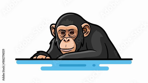 A cartoon chimpanzee with dark fur and a light face peeks over a blue wavy line on a white background