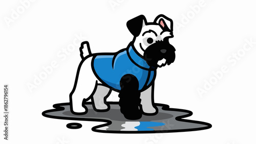 A cartoon schnauzer-like dog wearing a blue vest stands in a dark puddle on a white background