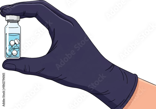 A gloved hand holds a small vial filled with blue liquid and white pills
