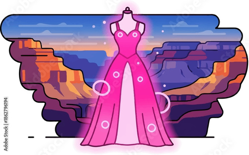 A glowing pink gown stands on a mannequin against a dramatic sunset canyon backdrop