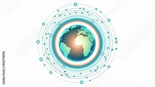 A glowing globe encircled by a network of lines and nodes, suggesting global connectivity and data
