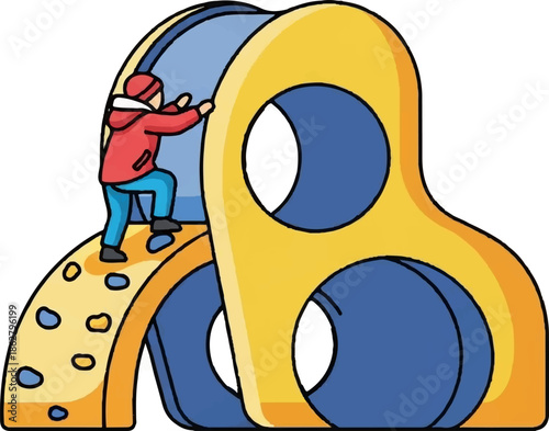 A cartoon child climbs a colorful outdoor playground structure with climbing holds and tunnels, showing active play