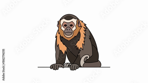 A cartoon capuchin monkey sits on a white background, with a tan ruff around its neck