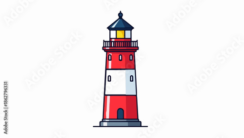 A charming cartoon lighthouse illustration with red and white stripes, featuring a yellow glowing light
