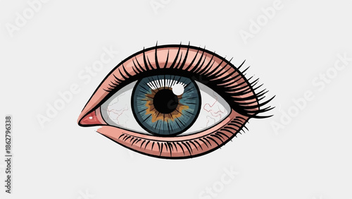 A detailed illustration of a human eye, showcasing blue iris, brown pupil, and pinkish skin tones