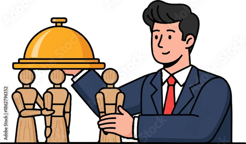 A cartoon businessman presents a golden cloche covering two wooden figures, with another figure beside him
