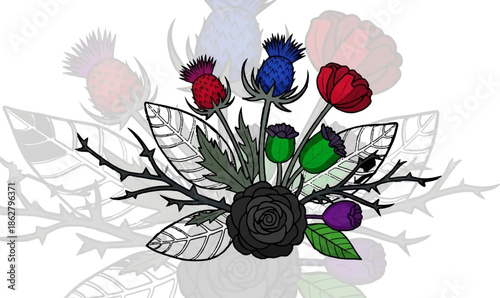 A gothic floral arrangement with thistles, roses, poppies, and thorny branches