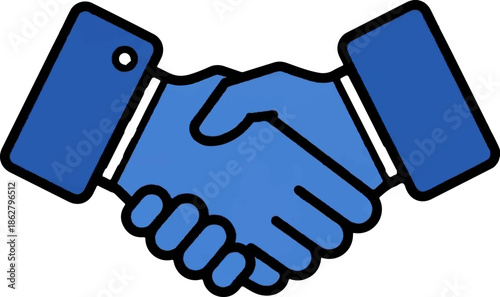A graphic illustration of two blue hands shaking in agreement