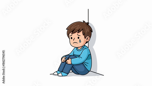 A cartoon boy with brown hair and blue clothes sits in a corner with a tear on his cheek