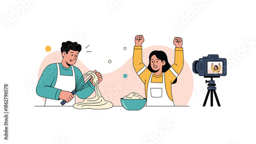 Happy young couple filming a cooking show or baking vlog for social media with the man mixing dough and the woman cheering.