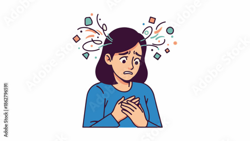 A distressed person holds their chest amidst swirling abstract shapes