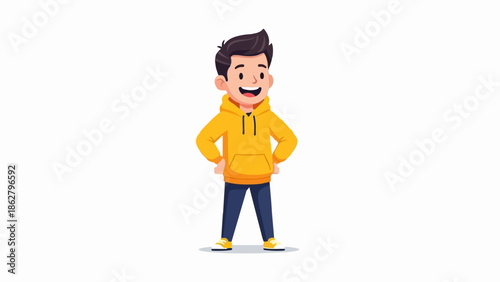 A cartoon boy in a yellow hoodie and blue pants