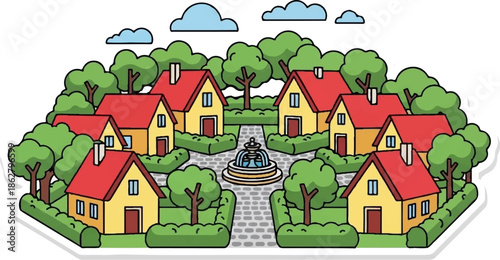 A charming cartoon village with yellow houses, red roofs, green trees, and a central fountain