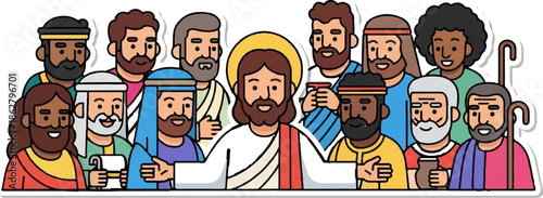 A diverse group of people, including Jesus, gather together with warmth and fellowship