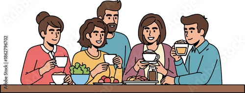 A diverse group of five people sharing food and drinks at a table