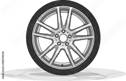 A grayscale illustration of a car wheel with a black tire and a multi-spoke alloy rim