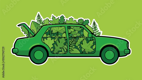 A green car overflowing with lush foliage, suggesting eco-friendly transport
