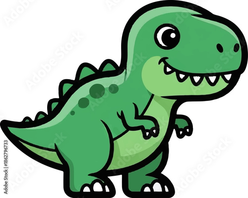 A green cartoon dinosaur stands proudly with a wide smile and sharp teeth