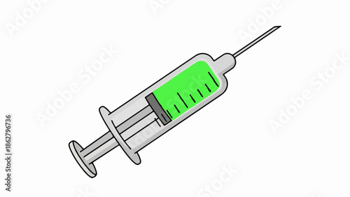 A cartoon syringe with green liquid and a needle