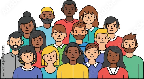 A diverse group of stylized people are depicted in a colorful illustration, with various skin tones and hairstyles